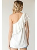 RIBBON TIE RUFFLE TIERED ONE SHOULDER WOVEN TOP  Ivory