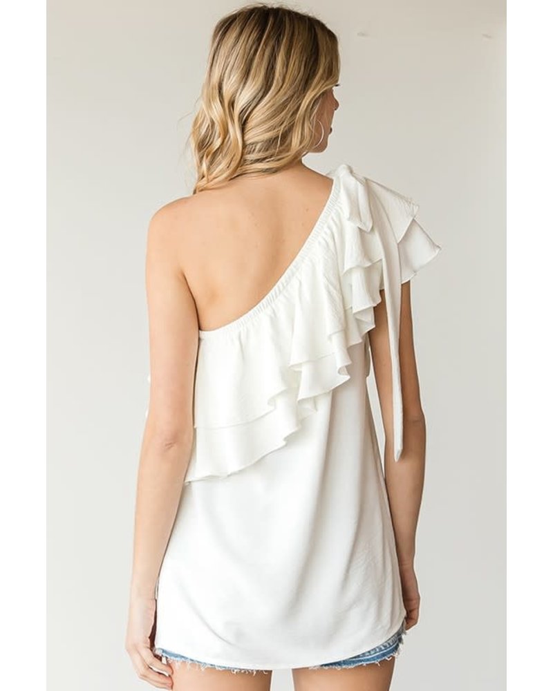 RIBBON TIE RUFFLE TIERED ONE SHOULDER WOVEN TOP  Ivory