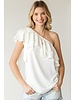 RIBBON TIE RUFFLE TIERED ONE SHOULDER WOVEN TOP  Ivory