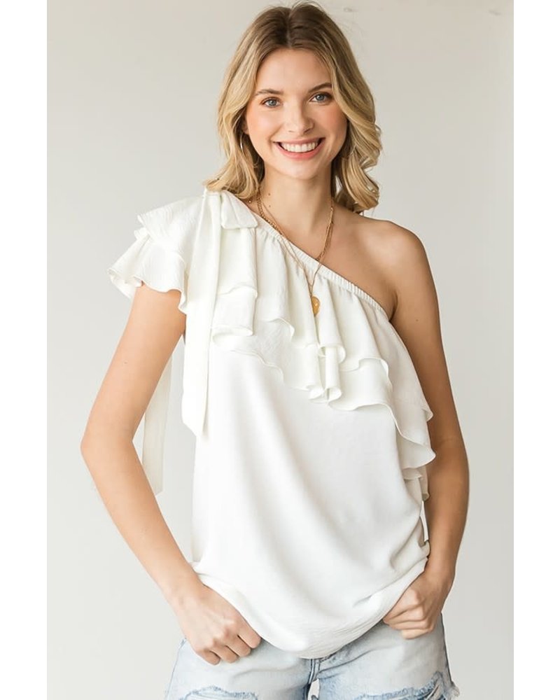 RIBBON TIE RUFFLE TIERED ONE SHOULDER WOVEN TOP  Ivory