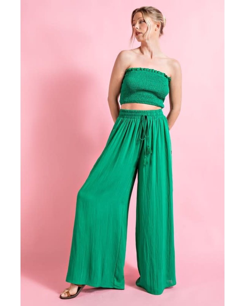 SMOCKED ELASTIC TUBE CROP TOP AND LONG PANTS SET