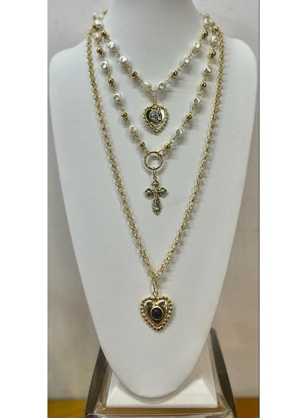 Three Layers Heart ad Cross Necklace with pearls
