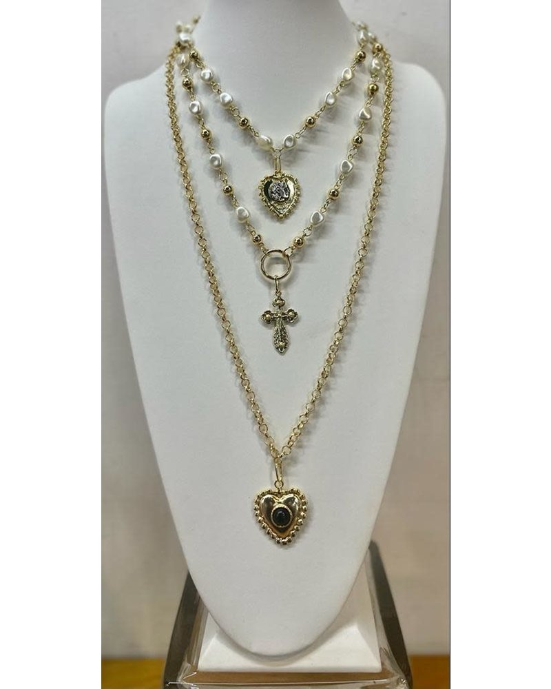 Three Layers Heart ad Cross Necklace with pearls