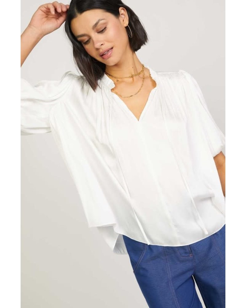 PUFF SLEEVE RUFFLED NECK W/TIE BLOUSE