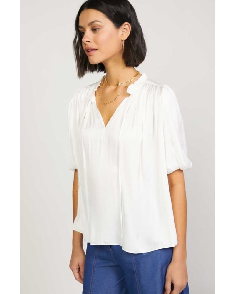 PUFF SLEEVE RUFFLED NECK W/TIE BLOUSE