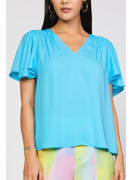 V NECK FLUTTER SLV TOP WITH SHIRRED SHOULDER DETAIL