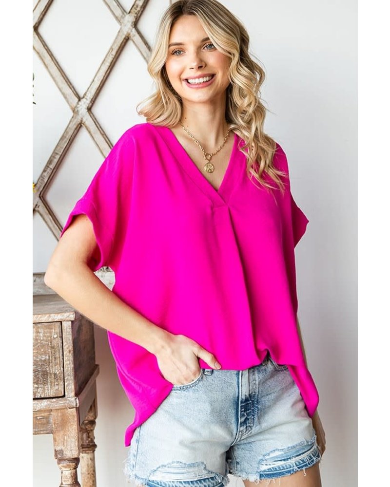SOLID COLOR V NECK SHORT SLEEVE WOVEN TOP