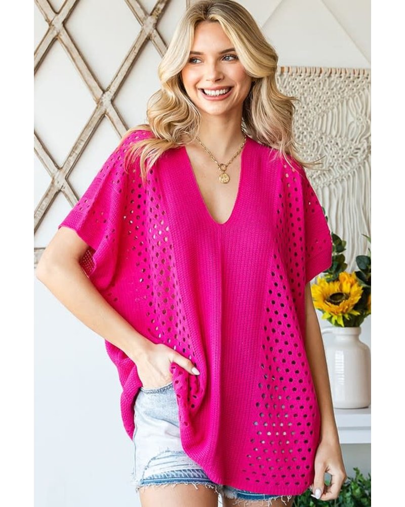 DROP SHOULDER V NECK CROCHET LIGHT KNITTED TOP