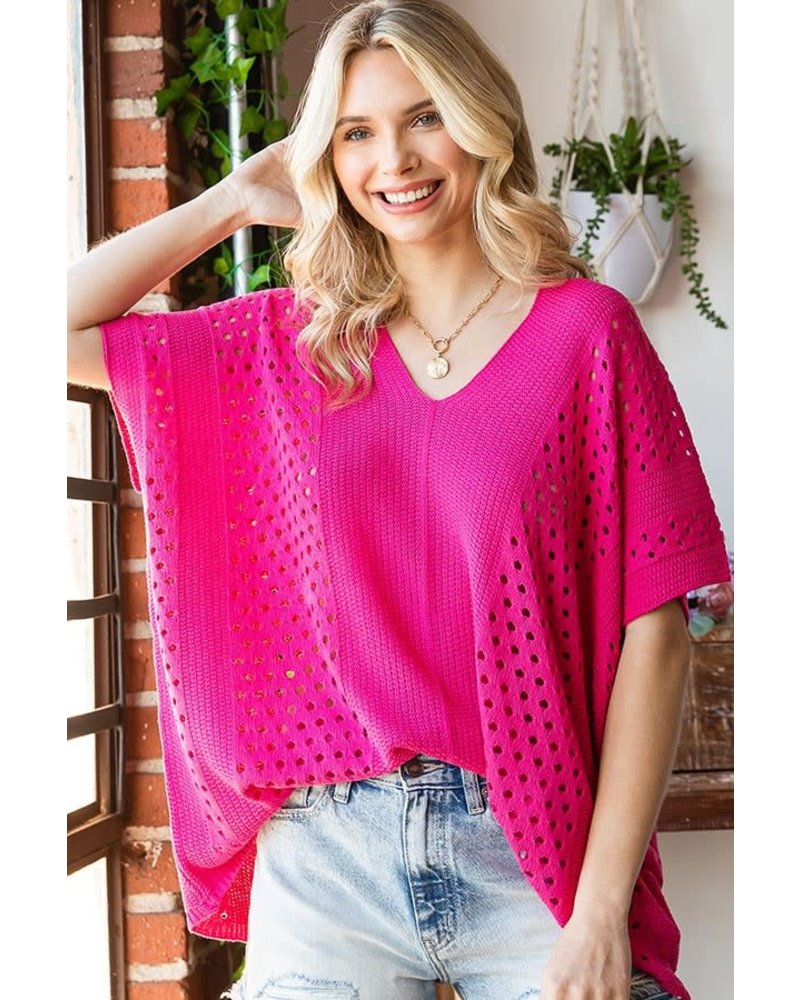 DROP SHOULDER V NECK CROCHET LIGHT KNITTED TOP