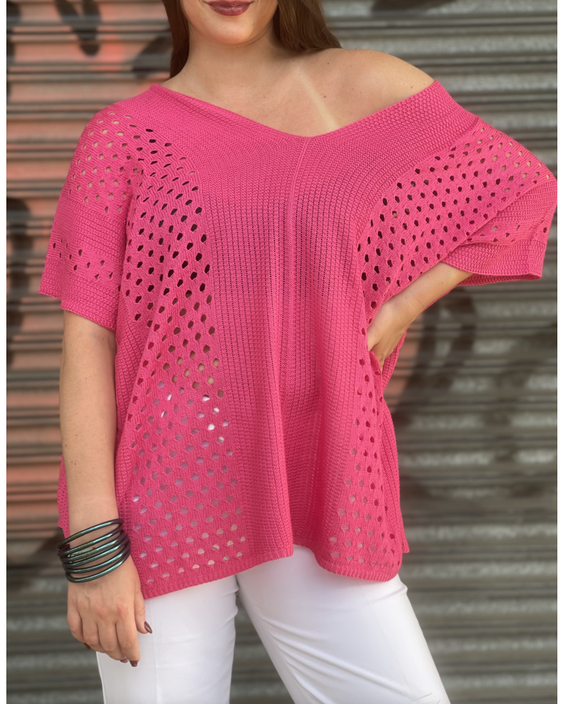 DROP SHOULDER V NECK CROCHET LIGHT KNITTED TOP