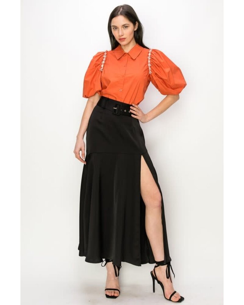 Satin flared slit maxi skirt with self-fabric cove