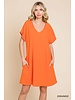 V Neck Front Pocket Short Sleeve Dress Orange