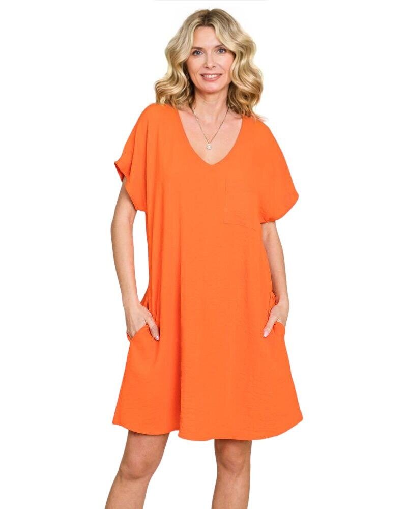 V Neck Front Pocket Short Sleeve Dress Orange