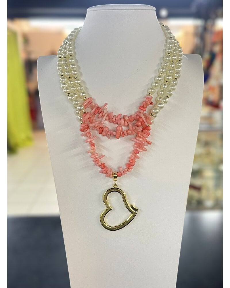 Coral, Pearl and Heart Necklace