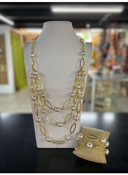 Gold Multilayer Pearl Necklace w/ Bracelet Set
