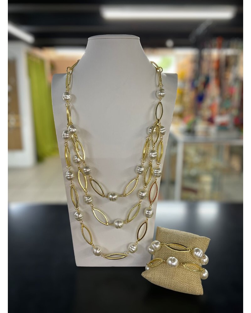 Gold Multilayer Pearl Necklace w/ Bracelet Set