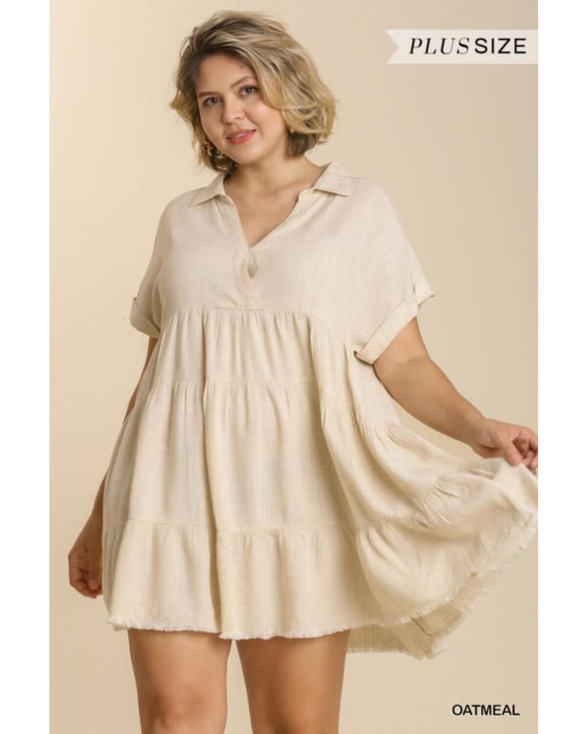 Oatmeal Short Ruffle V- Neck Dress