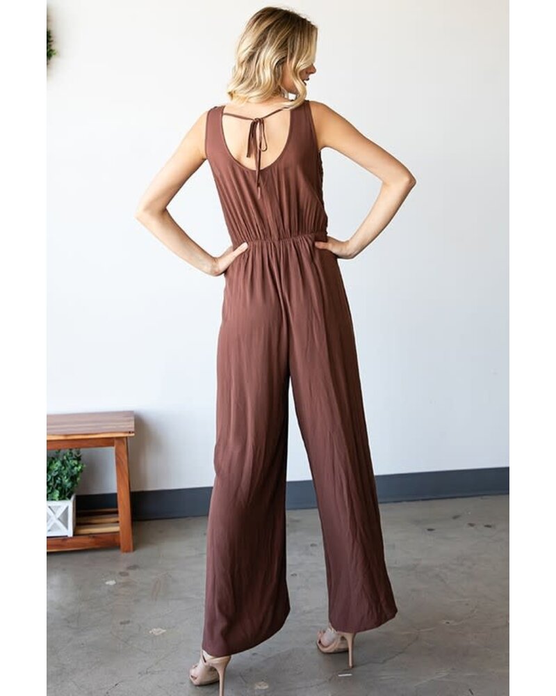 CROCHET LACE TRIM BODICE TIE BACK SLIT JUMPSUIT