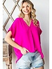 SOLID COLOR V NECK SHORT SLEEVE WOVEN TOP