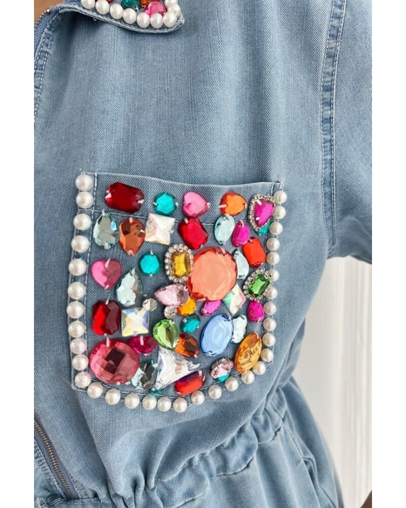 Embellished Denim Jump Button Ups Suit