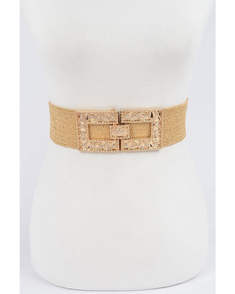 Rhinestone Buckle Stretch Straw Belt