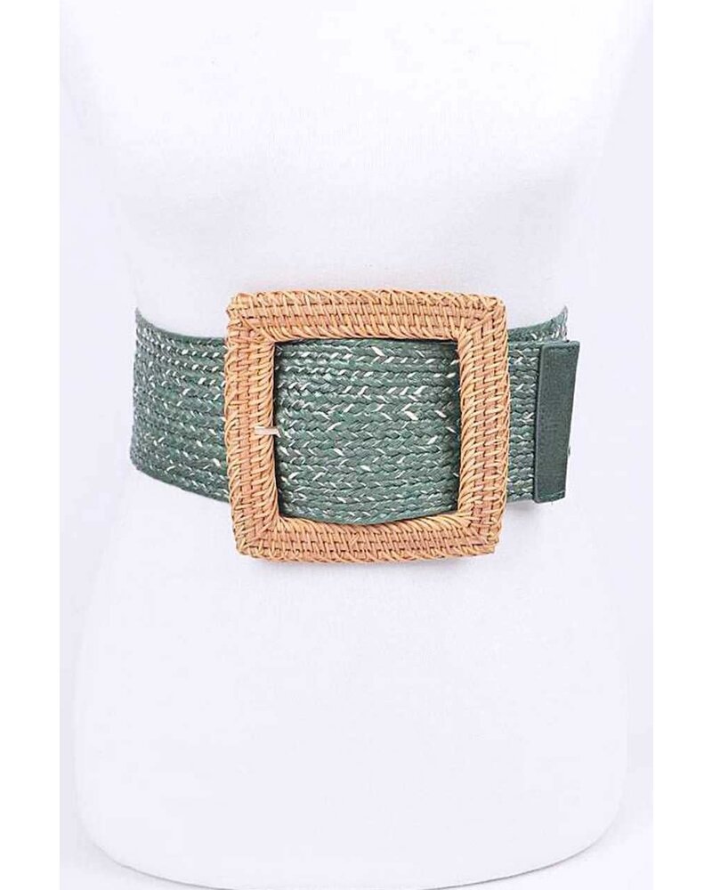 Bamboo Square Buckle Faux Straw Elastic Belt