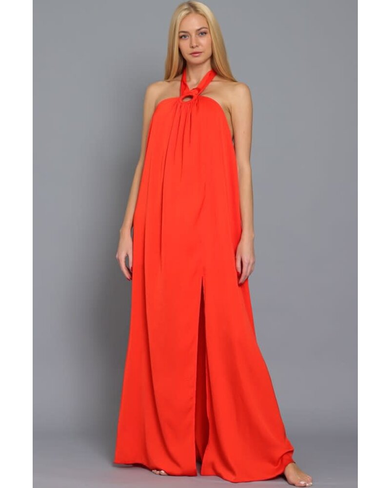 HALTER AND CF NECK TRIM DETAIL BACKLESS MAXI DRES