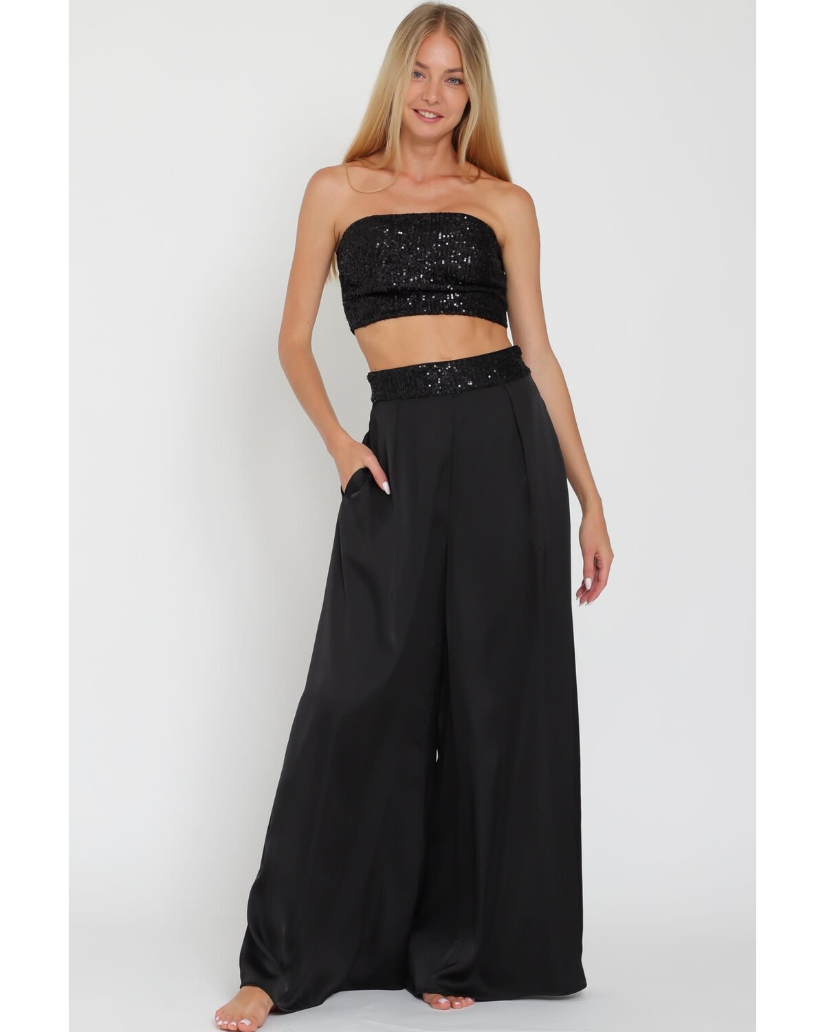 SEQUIN TUBE CROPPED TOP & LONG PANTS SET