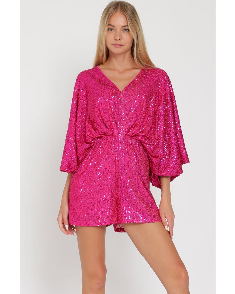 KIMONO SLEEVE TIE BACK NECK ELASTIC SEQUIN ROMPER