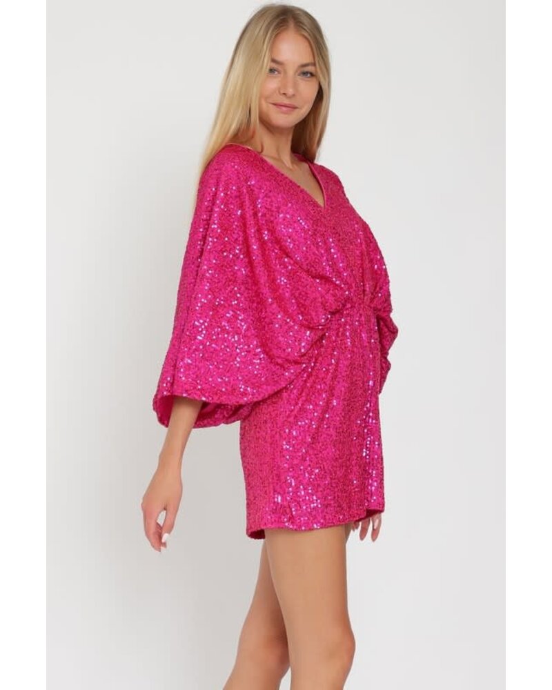 KIMONO SLEEVE TIE BACK NECK ELASTIC SEQUIN ROMPER