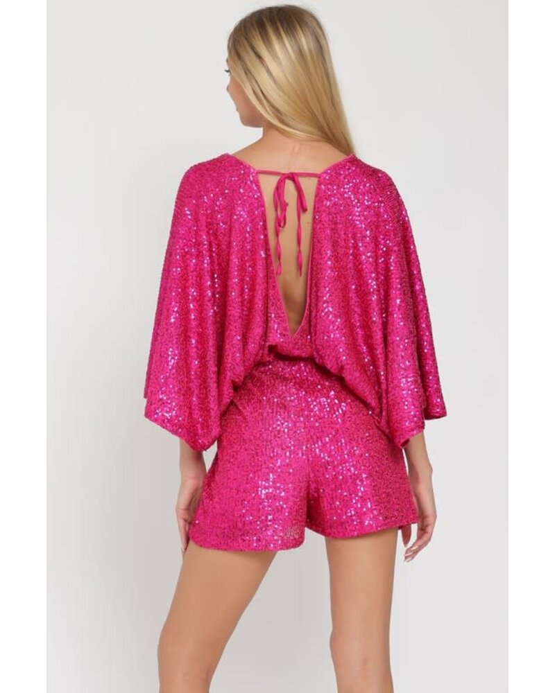 KIMONO SLEEVE TIE BACK NECK ELASTIC SEQUIN ROMPER