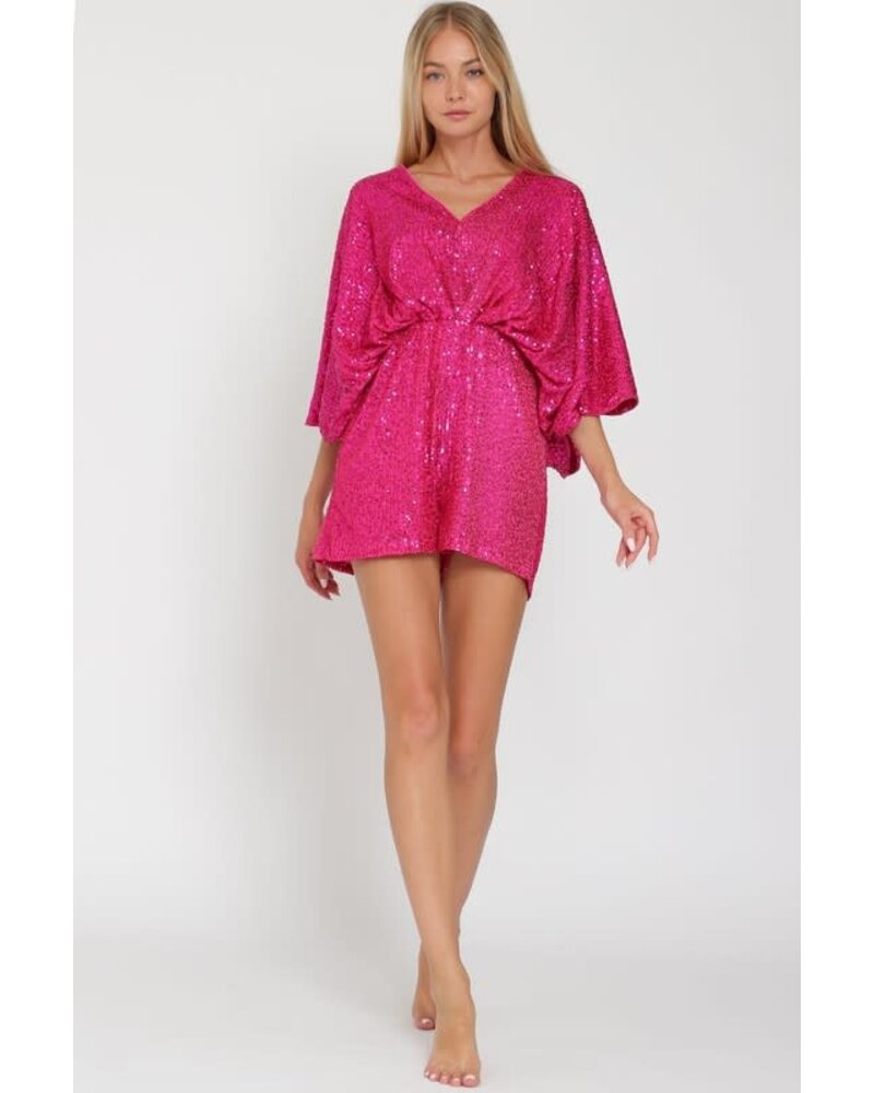 KIMONO SLEEVE TIE BACK NECK ELASTIC SEQUIN ROMPER