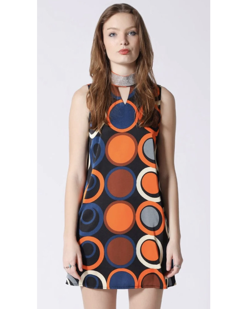 Color Circle Pattern Neck Metal Trim Mini Dress
