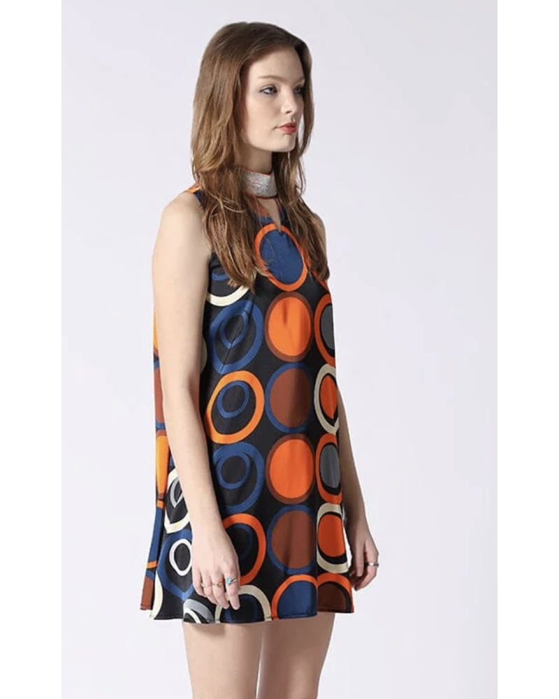 Color Circle Pattern Neck Metal Trim Mini Dress