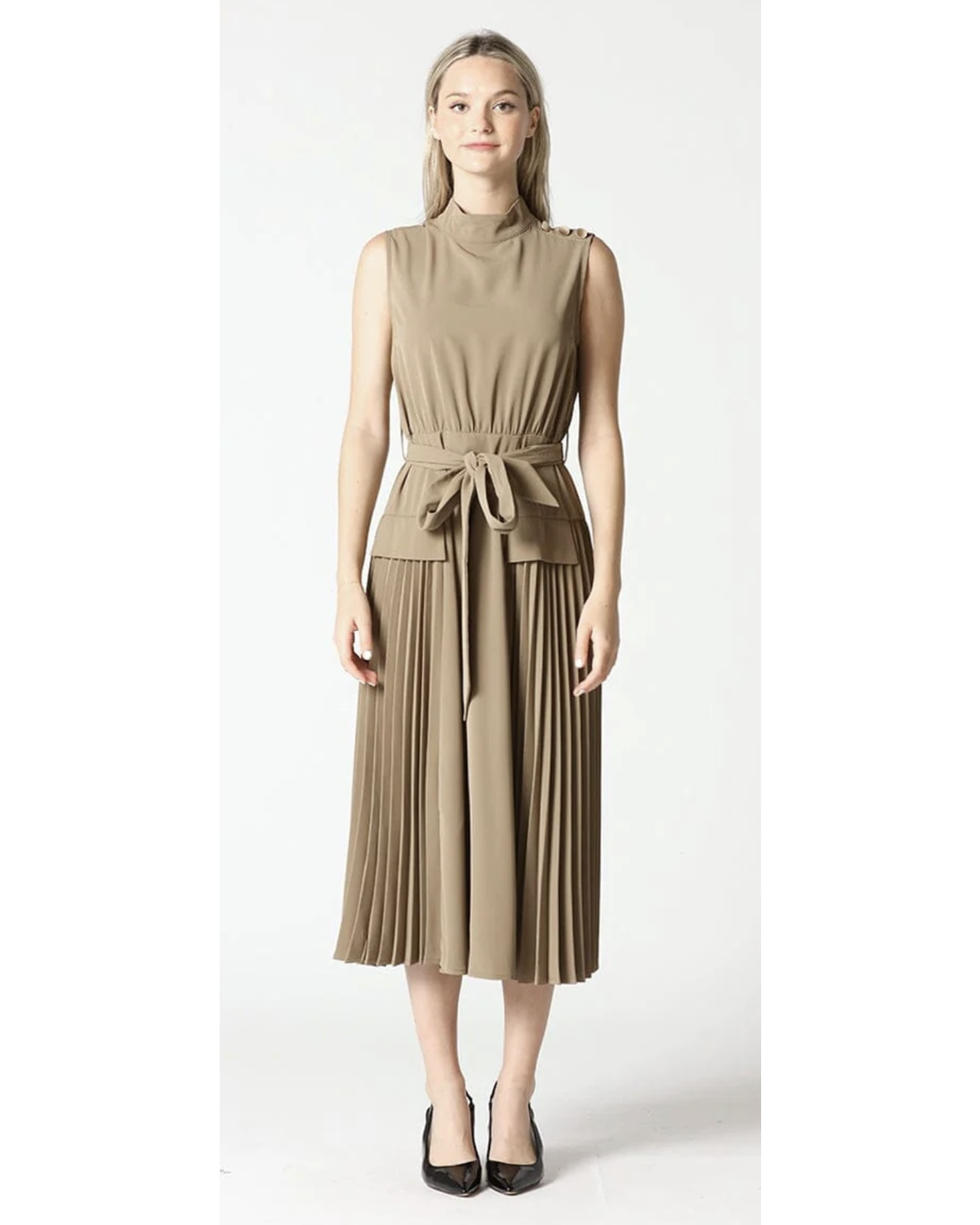 Sleevesless Pleated Dress w/Side Shoulder Button