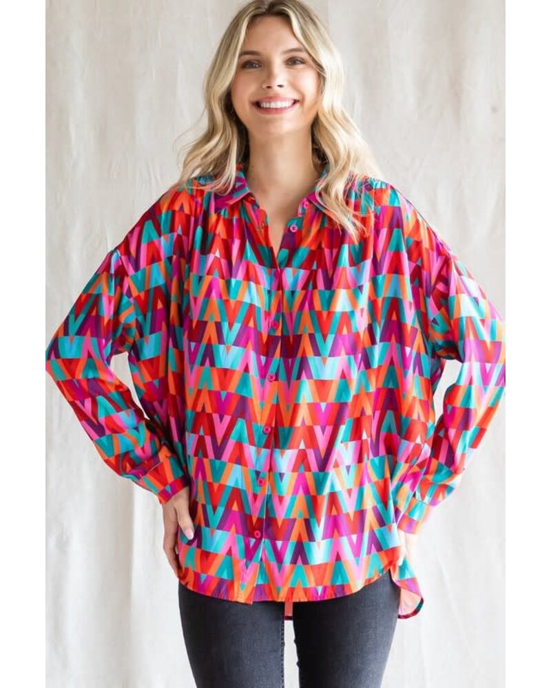 Print button up top with a collared neckline