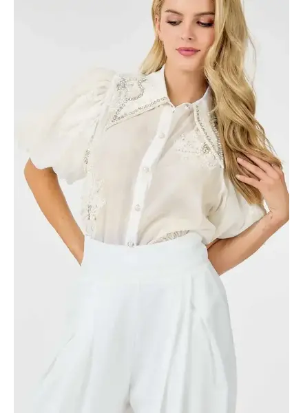 BUBBLE SLEEVE EMBROIDERED Top White