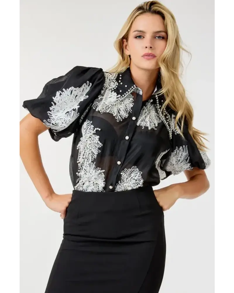BUBBLE SLEEVE EMBROIDERED Top Black
