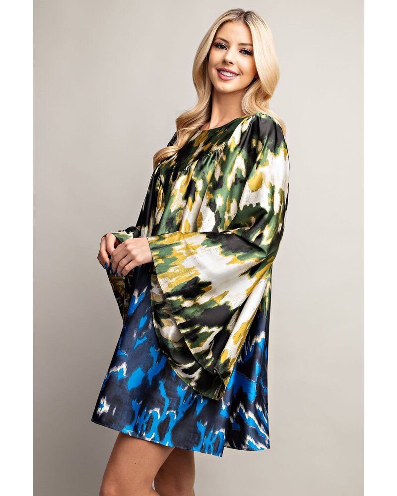 ROUND NECK BELL SLEEVE PRINT MINI DRESS