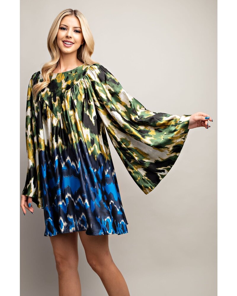 ROUND NECK BELL SLEEVE PRINT MINI DRESS