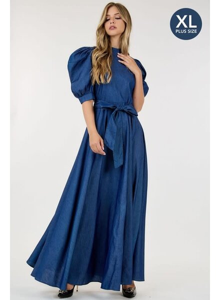 Puff Sleeve Maxi Dress with Belt Tie Detail