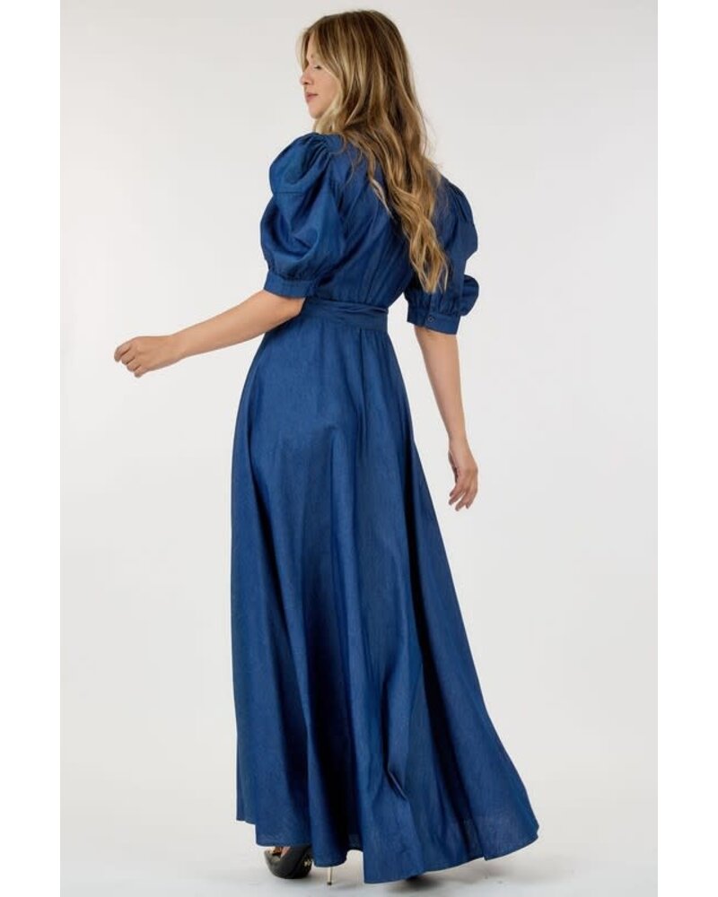 Puff Sleeve Maxi Dress with Belt Tie Detail