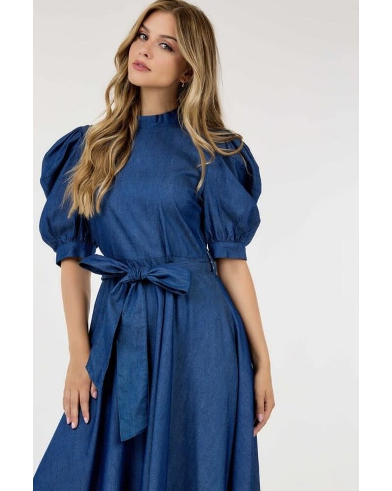 Puff Sleeve Maxi Dress with Belt Tie Detail