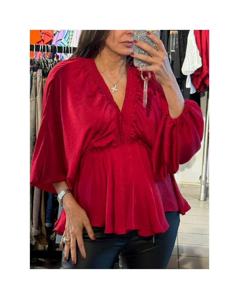 V-NECK SMOCKED KIMONO SLEEVE SATIN TOP