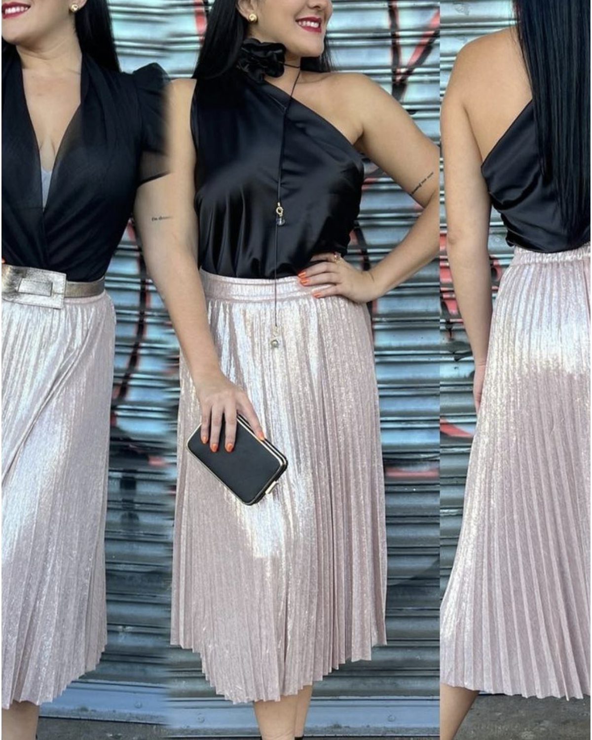 Foil Coated Pleated Skirt Champagne