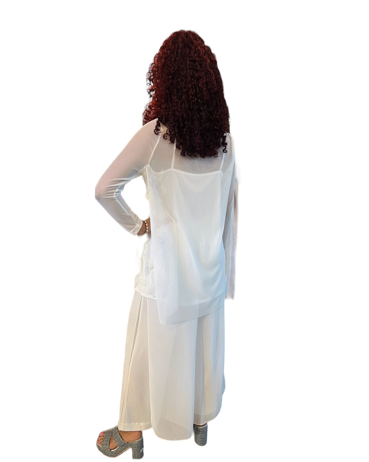 Boat-Neck See Through and Chiffon Layered Pants Set