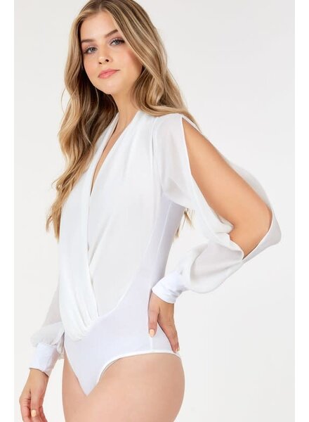 White Slit Long Sleeve Wrap Bodysuit