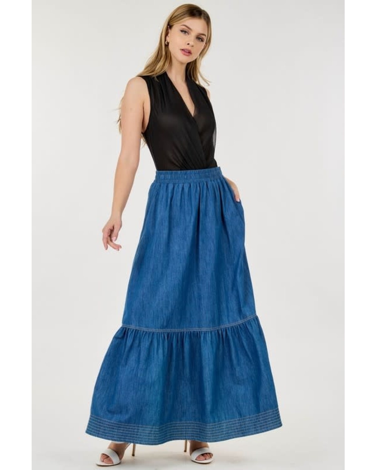 Denim Maxi Skirt with Elastic Waist