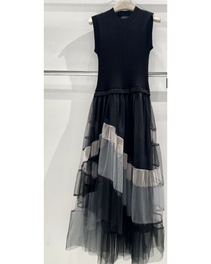 Sleevless A-Line Long Dress w/ Pleated Tulle Skirt