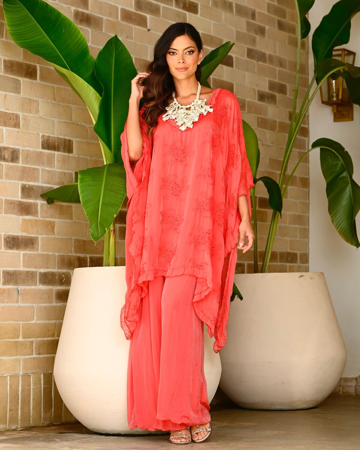 ONE SIZE SILK EMBROIDERED TUNIC AND PANTS SET